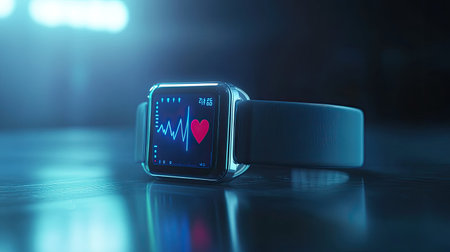 A digital health band with a heart rate monitor on display, resting on a smooth surface.の素材