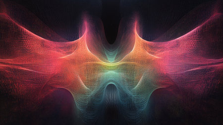 A glowing, abstract visualization of a quantum field, with interconnected particles in a digital space.の素材