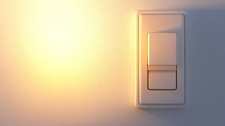 A glowing smart light switch on a clean white wall, symbolizing smart home lighting control. Spacious background for text.の素材