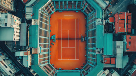 Vibrant overhead view of a tennis court surrounded by stands in a stadium.の素材
