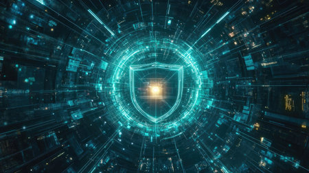 A glowing shield in the center of a digital grid with connections, emphasizing network security and protection.の素材
