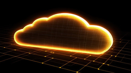 A secure cloud storage symbol with a glowing lock and digital grid in the background, illustrating data protection in the cloud.の素材