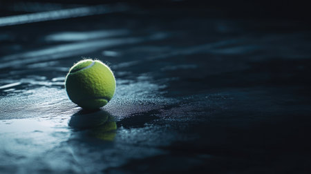 A single tennis ball illuminated by a spotlight on a dark court.の素材