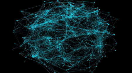 Abstract glowing network nodes spreading from a central point, representing the interconnected nature of startups.の素材