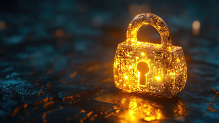 A D rendering of a glowing circuit board forming a secure financial lock.の素材