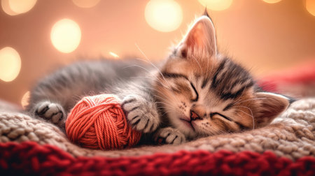 A baby cat playing with a ball of yarn, with soft, blurred background and cozy ambiance.の素材