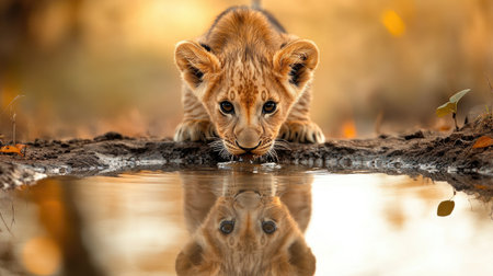 A baby lion cub drinking water from a small pool in the wild, with soft reflections and clear space for copy.の素材