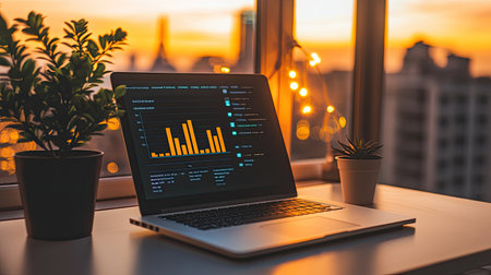 A clean workspace with a laptop displaying glowing graphs and a potted plant for startup innovation.の素材