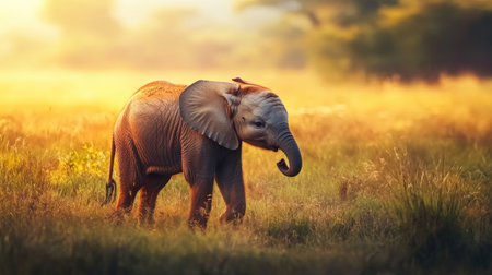 A baby elephant with its trunk playfully raised, walking through the grass with a soft, sunny background.の素材