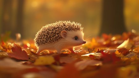 A baby hedgehog walking across a bed of autumn leaves, with warm, soft lighting and vibrant colors.の素材