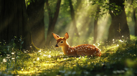 A baby deer resting peacefully in a forest clearing, surrounded by wildflowers, with light filtering through the trees.の素材