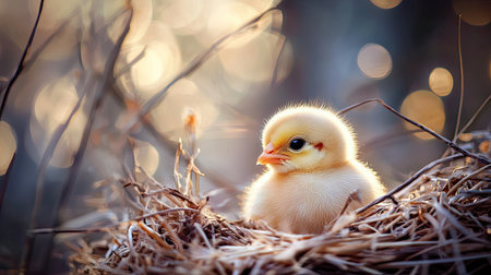 A fluffy chick peeking out from a nest of straw, with soft lighting highlighting its yellow feathers.の素材
