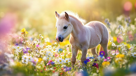 A baby horse standing in a meadow, with soft grass and colorful flowers surrounding it.の素材