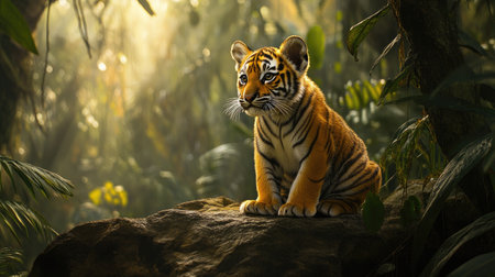 A baby tiger cub sitting quietly in the jungle, its body alert and its golden fur shining under the sunlight.の素材