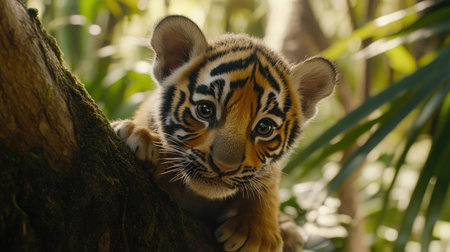 A baby tiger cub peeking from behind a tree, its playful eyes focused on something in the distance with a blurred jungle backdrop.の素材