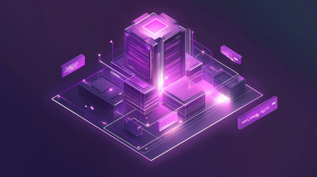 A dynamic isometric view of a glowing blockchain structure, interconnected with lines over a futuristic backdrop.の素材