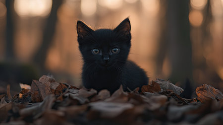 A cute black kitten nestled in a soft pile of leaves, with a blurred natural background and room for copy.の素材