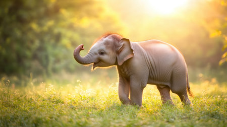 A baby elephant with its trunk playfully raised, walking through the grass with a soft, sunny background.の素材