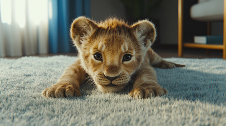 A baby lion cub lying on a bed of soft grass, its eyes looking curiously at the surroundings, with space for text.の素材