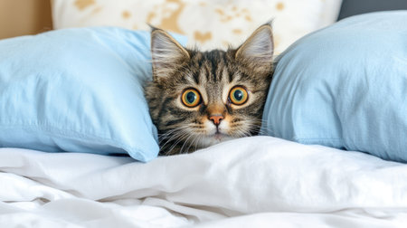 A kitten with big, curious eyes, sitting on a bed with soft sheets and fluffy pillows, with room for copy space.の素材