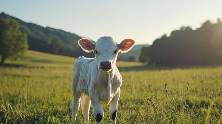 A pedigree calf grazing calmly with green fields and rolling hills in the background, creating a peaceful and natural setting.の素材
