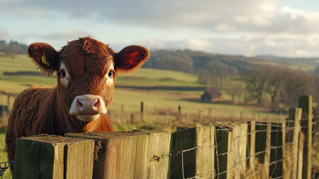 A pedigree calf curiously peeking over a fence, with the rolling countryside in the background and plenty of space for text.の素材