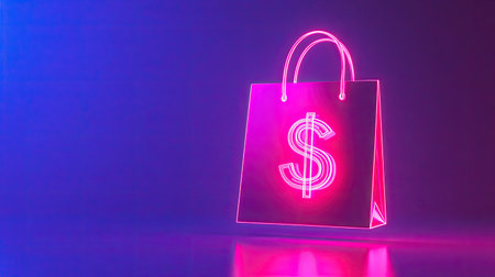 A minimalist floating dollar sign glowing next to a shopping bag, symbolizing online shopping affordability.の素材