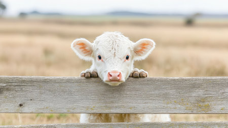 A pedigree calf curiously peeking over a fence, with the rolling countryside in the background and plenty of space for text.の素材