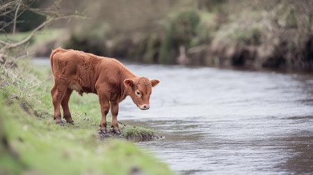 A pedigree calf with a clean, smooth coat grazing near a peaceful river, with a tranquil background and plenty of space for text.の素材