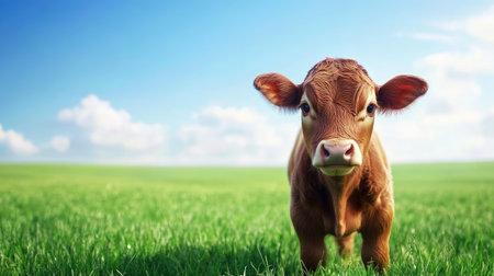 A pedigree calf grazing in the green fields, with the horizon stretching out in the distance, offering ample space for text.の素材