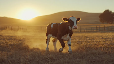 A pedigree calf trotting through the field, its hooves kicking up dust, with the sun setting behind the hills.の素材