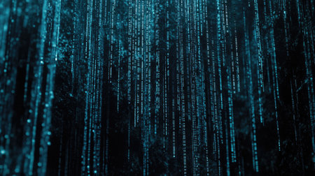 Digital binary code streams cascading vertically on a gradient black-to-blue background, creating a Matrix-like effect.の素材