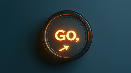 Minimalist clock icon with a glowing arrow pointing at Go, symbolizing the timely start of a startup journey.の素材