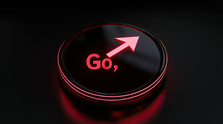 Minimalist clock icon with a glowing arrow pointing at Go, symbolizing the timely start of a startup journey.の素材