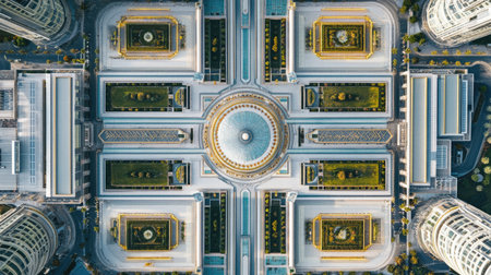 An aerial view of a mosque complex with symmetrical gardens and pathways.の素材