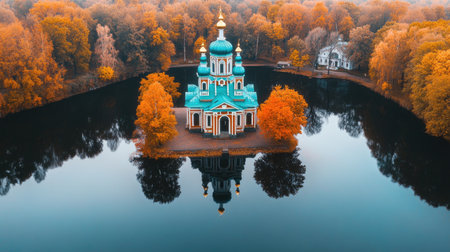 An aerial view of a church by a calm lake, reflecting its structure in the water.の素材