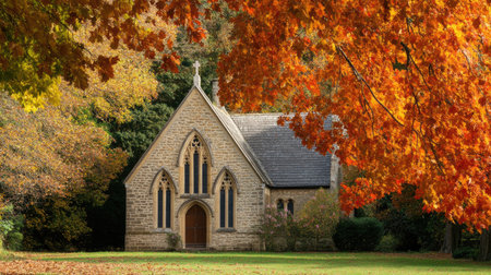 A church surrounded by autumn foliage, with vibrant orange and red leaves framing the scene.の素材