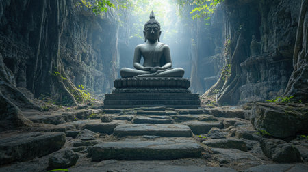 Ancient Buddha statue in ruins, surrounded by overgrown trees and a mysterious atmosphere.の素材
