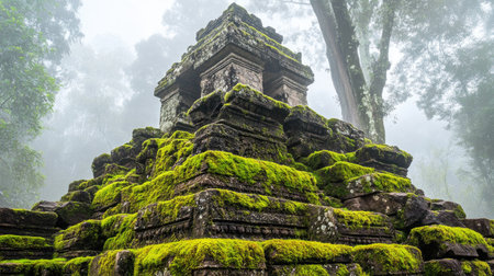 An ancient stone temple partially covered in moss, set against a misty jungle backdrop.の素材