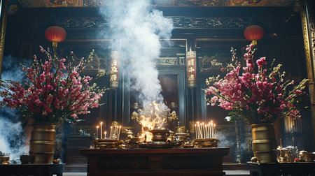 A beautiful, ornate altar with incense burning and sacred offerings, creating an atmosphere of worship and devotion.の素材