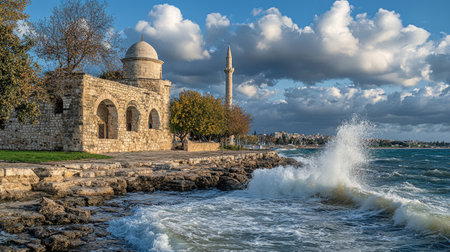 A coastal mosque by the sea, with waves gently crashing against the rocks nearby.の素材