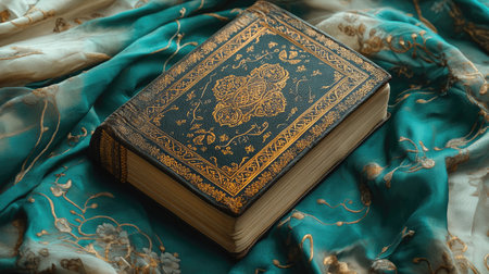 A closed Quran with an elegant cover, placed on a silk cloth with traditional Islamic patterns.の素材