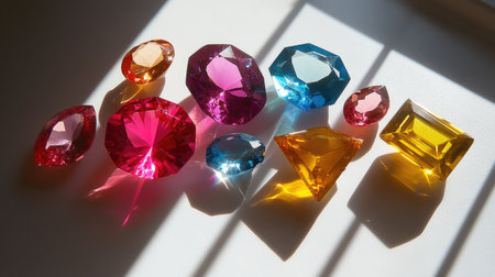 A collection of vibrant gemstones placed on a clean white surface, radiating positive energy and harmony.の素材