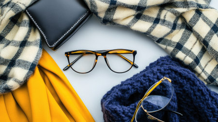 A flat lay of elegant senior fashion accessories, including stylish eyeglasses, a classic scarf, and a leather handbag.の素材