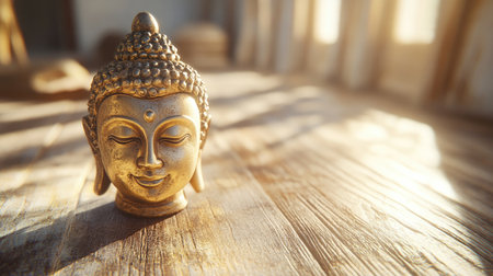 A Buddha amulet placed delicately on a rustic wooden table, with sunlight streaming in and reflecting on the surface.の素材