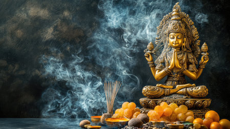 A golden deity figurine with offerings of fruit and incense around it, set against a calm, dark background.の素材