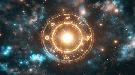 A glowing astrological wheel with symbols of the zodiac signs floating against a cosmic nebula background.の素材