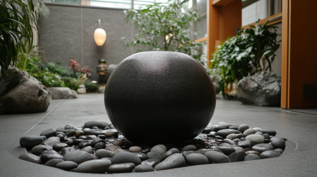 A Feng Shui water feature in an indoor garden with smooth pebbles and peaceful surroundings.の素材