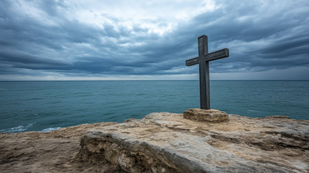 A cross standing on a rocky cliff overlooking a vast ocean under a dramatic sky.の素材