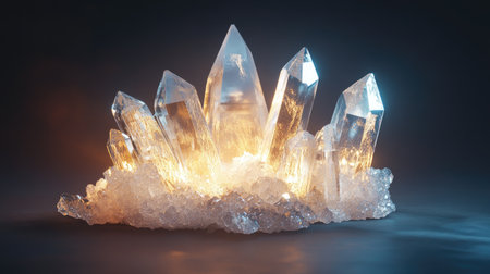 A crystal cluster with light reflecting off its surfaces, creating a soft glow that embodies positive energy.の素材